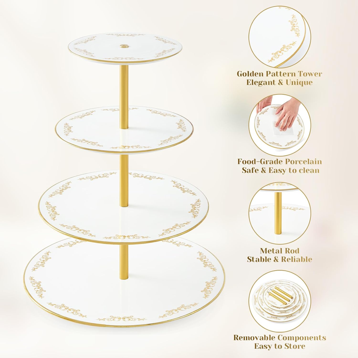 4-Tier Cupcake Stand Tower, British Style Porcelain Tiered Tray with Golden Trim & Pattern, Food Grade Dessert