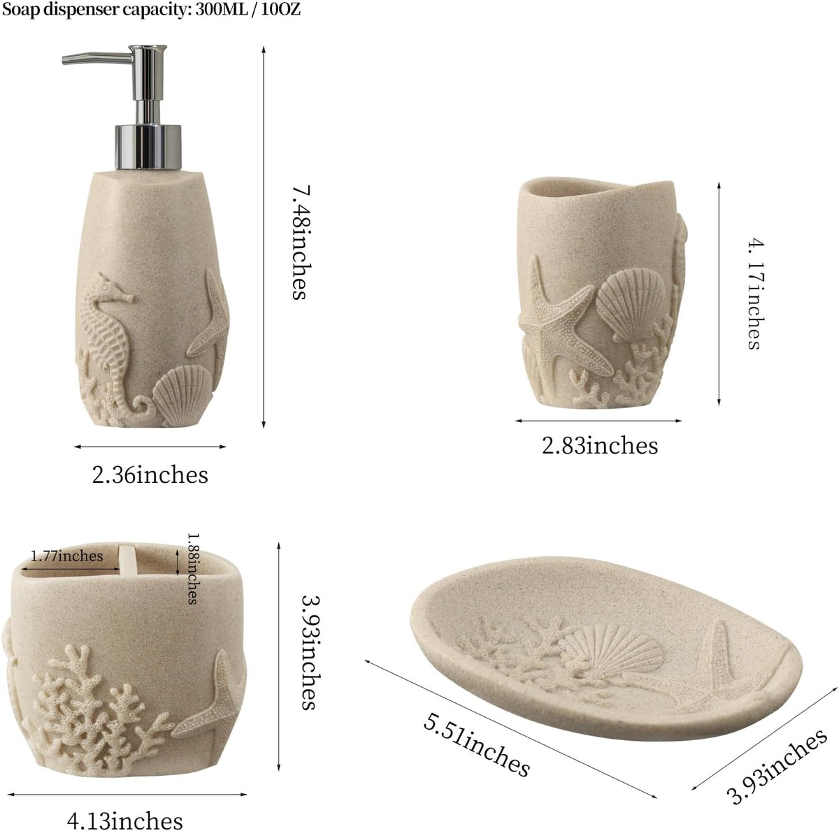 Bathroom Accessories Set, 4 PCS, Sea Bathroom Decor, Sandstone Look Beige | Ocean Theme,With 10OZ Soap Dispenser