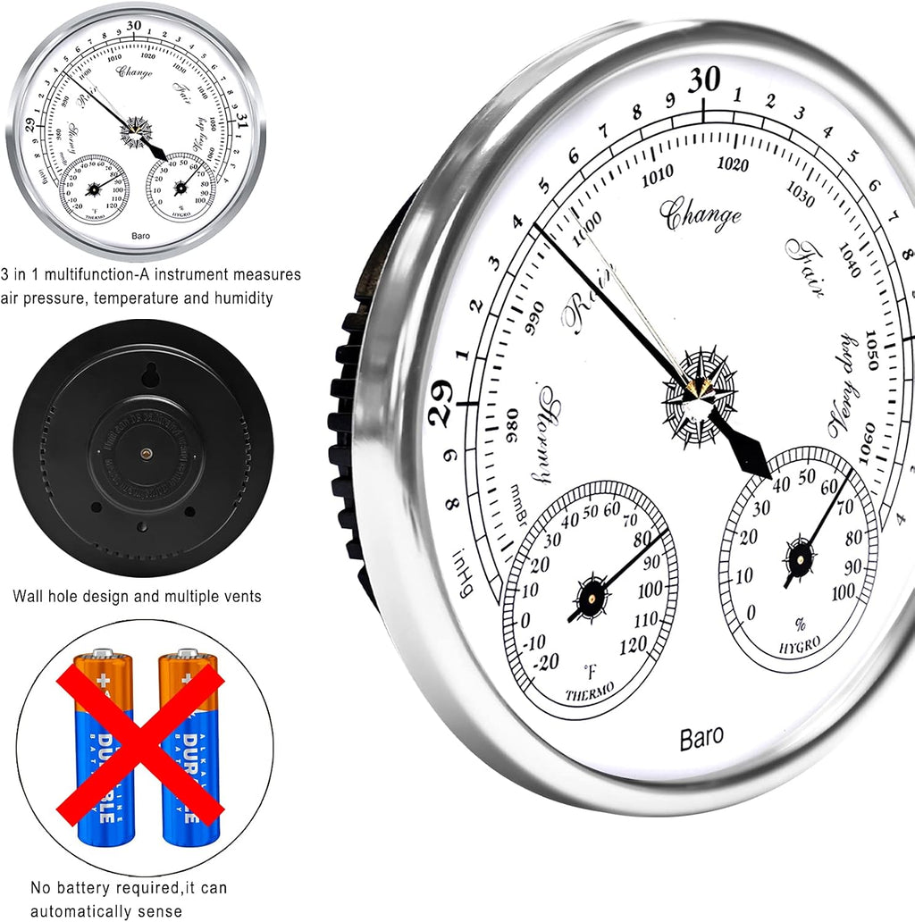 3 in 1 Barometer Thermometer Hygrometer, 5in Weather Station | Wall Mount barometer, Battery-Free Gauge, Plastic
