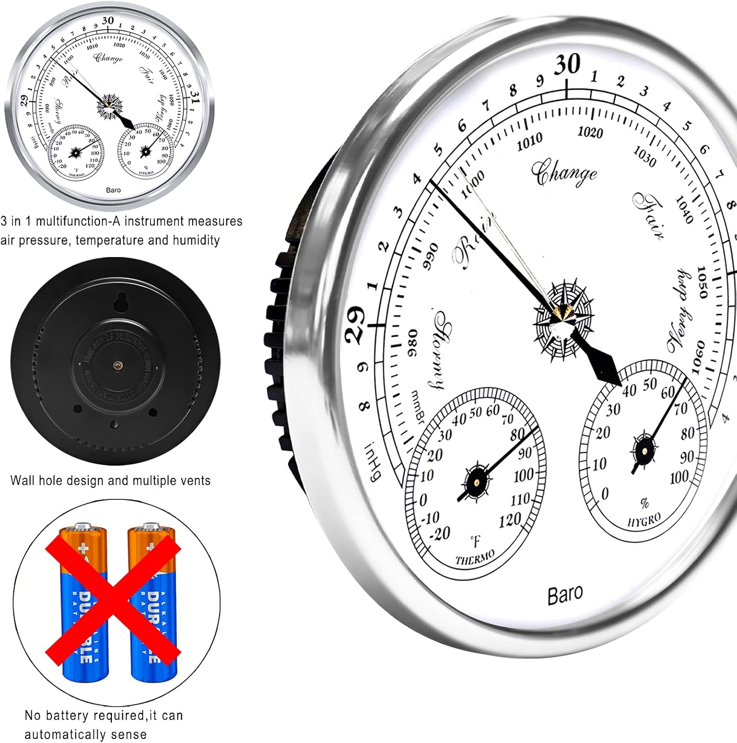 3 in 1 Barometer Thermometer Hygrometer, 5in Weather Station | Wall Mount barometer, Battery-Free Gauge, Plastic