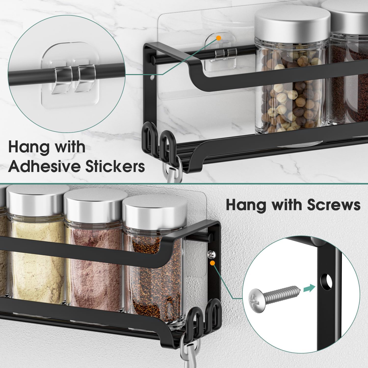 2 Pack Wall Mounted Spice Rack with 8 Hooks, Spice Organizer Shelf for Stove Cabinet Pantry Door,Screw or Adhesive