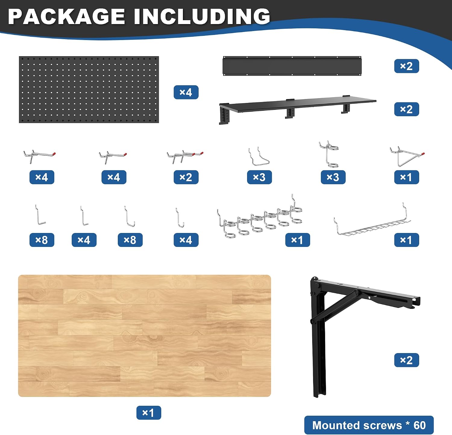 Wall Mounted Workbench with Pegboard, Folding Down Work Table | Metal Pegboard Wall Organizer for Garage Storage