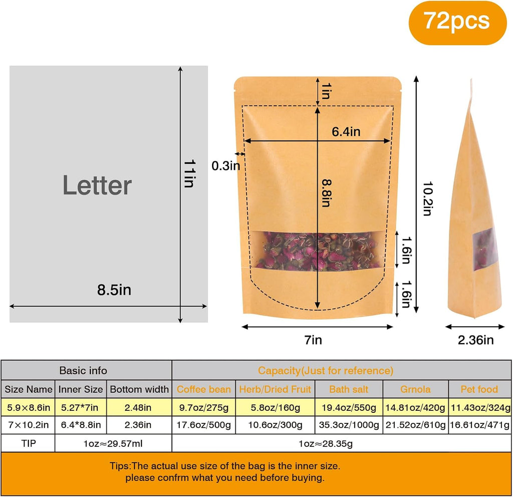 72pcs 7x10In Kraft Paper Resealable Bags with Window for Business
