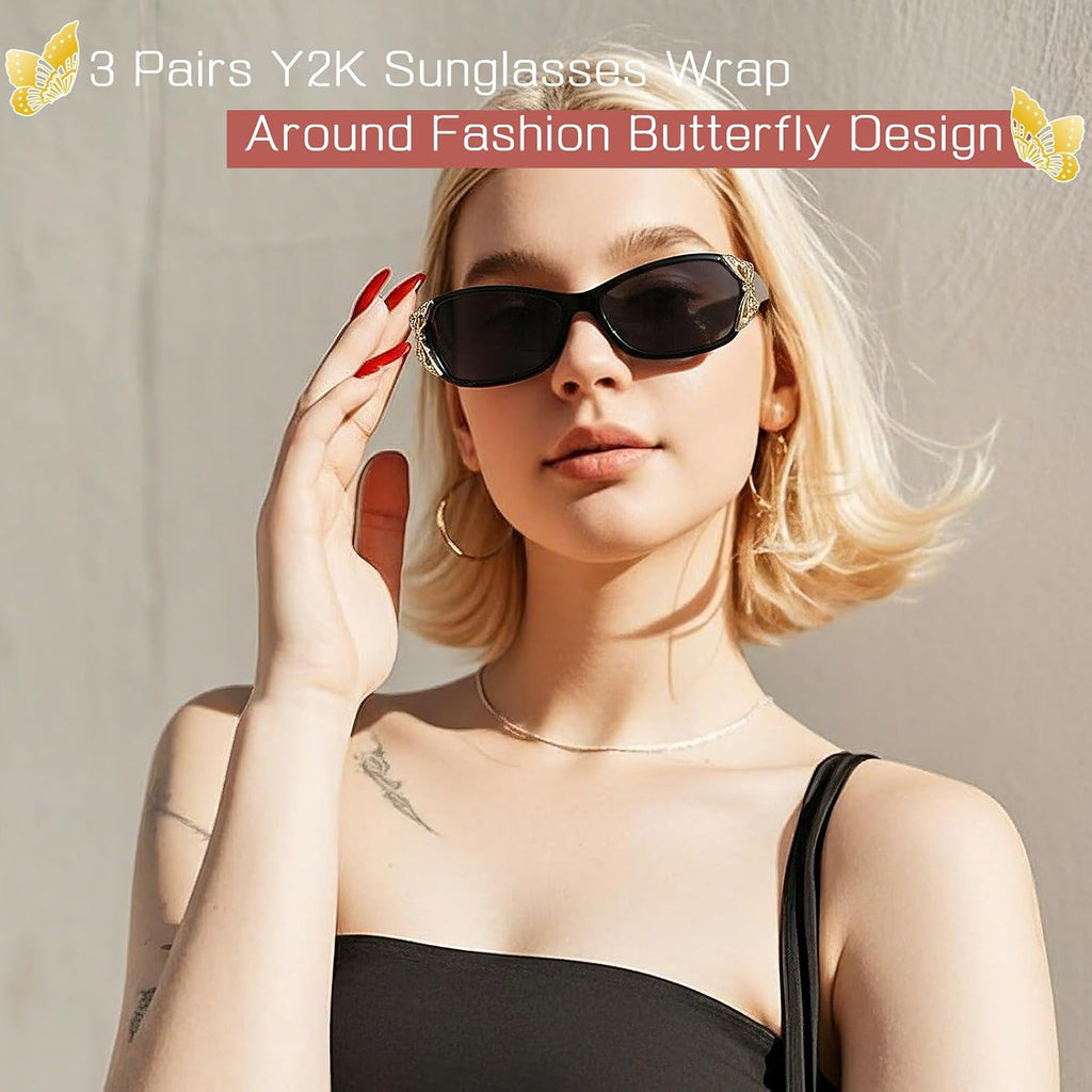 3 Pairs Y2K Sunglasses for Women, Fashion Wrap Around Butterfly Design Sun Glasses with UV400 Protection