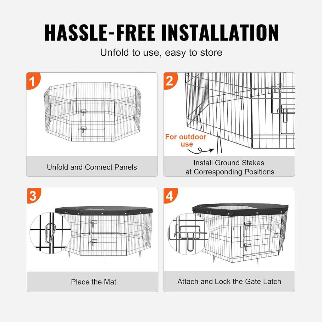 Foldable Metal Dog Exercise Pen, Pet Puppy Playpen Yard Fence with Top Cover & Door, Indoor Outdoor 8 Panels 24" W x
