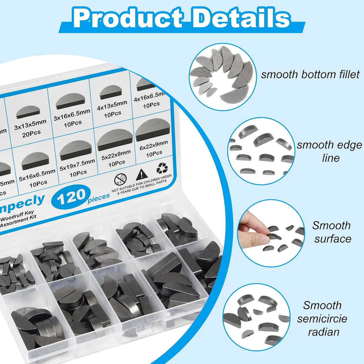 120pcs Woodruff Key Assortment Kit, 10 Sizes Half Moon Keys