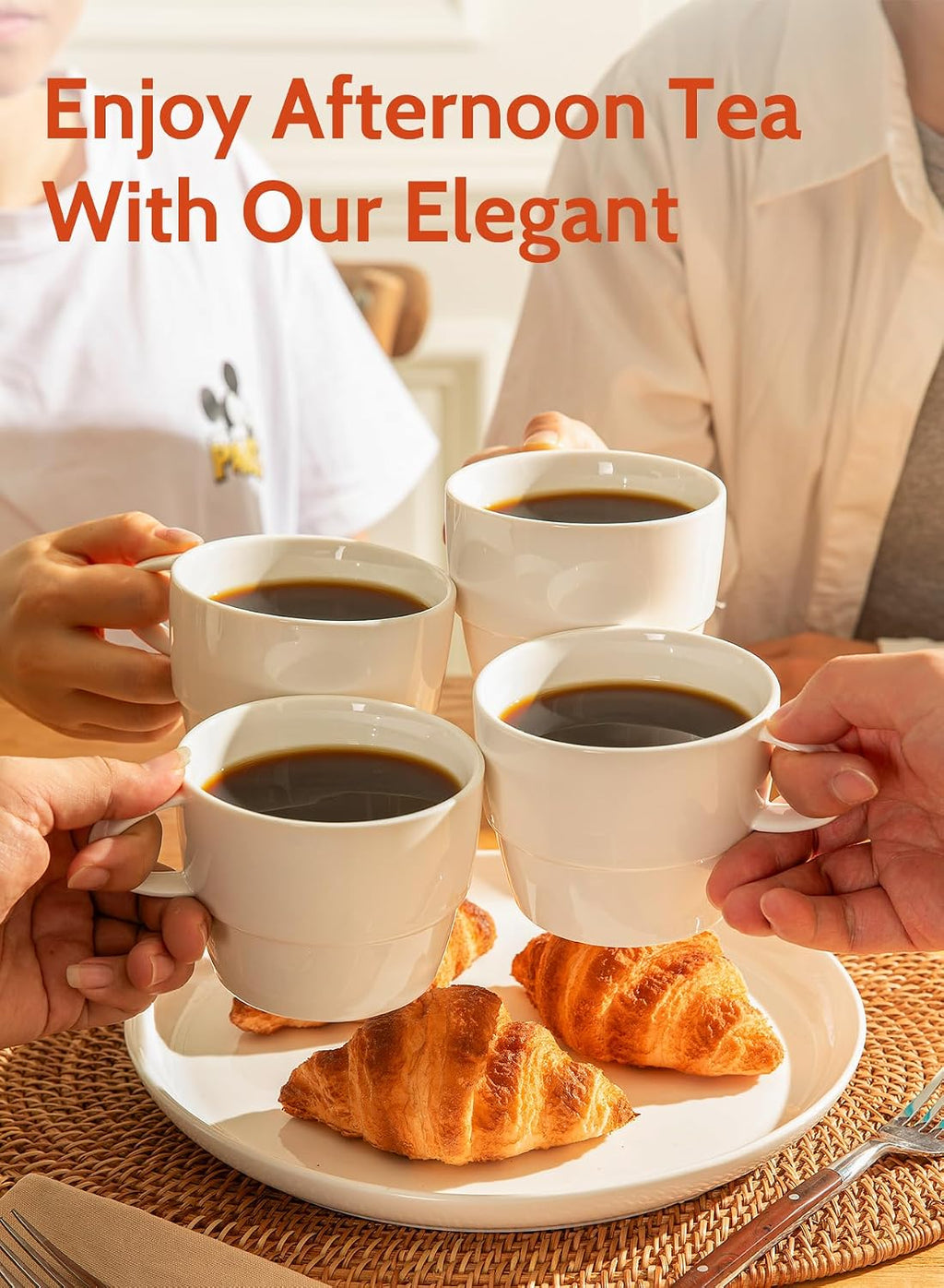 10 oz Stackable Porcelain Coffee Mugs, Set of 6, White