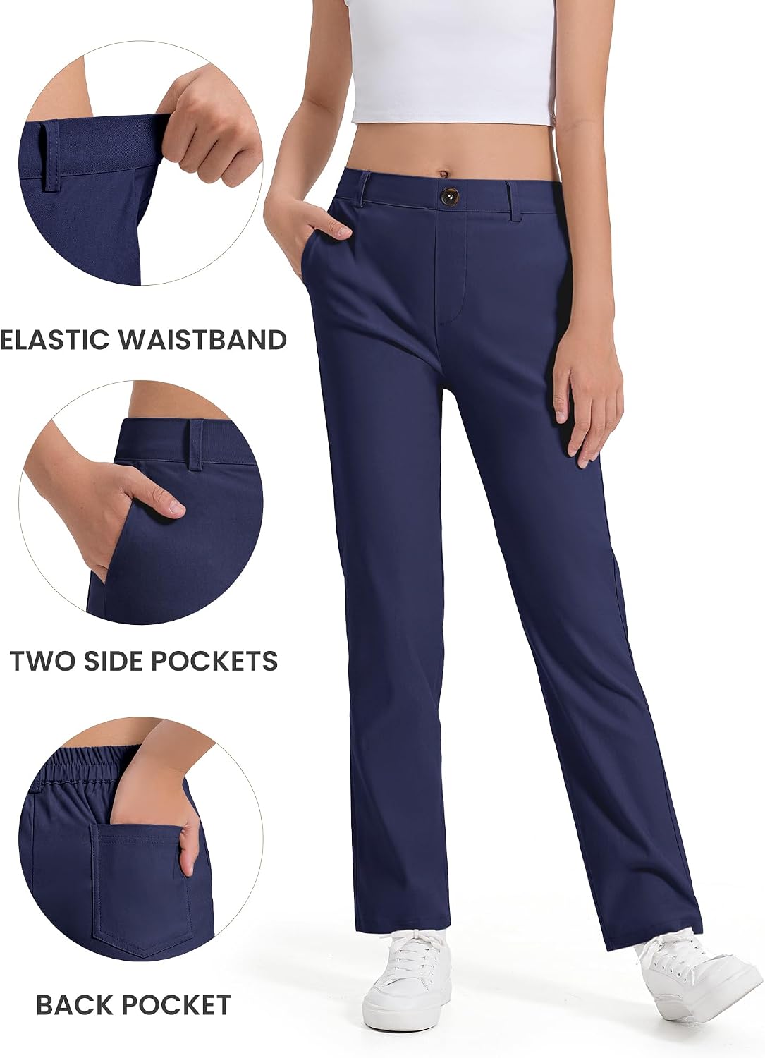 Girls Uniform Pants Kids Dress Pants High Stretchy with Pockets