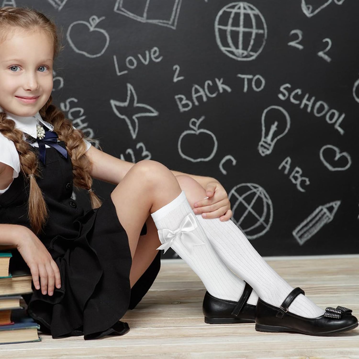 Girls Socks, 2 Pairs Girls Knee High Socks with Bows 4-12 Years | Soft Cotton, School Uniform Long Socks, Breathable