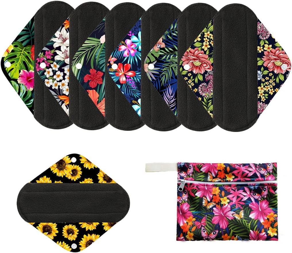 7pcs/Set Reusable Menstrual Pads Including 1pc Mini Wet Bag +6pcs Bamboo Charcoal Cloth Menstrual Incontinence