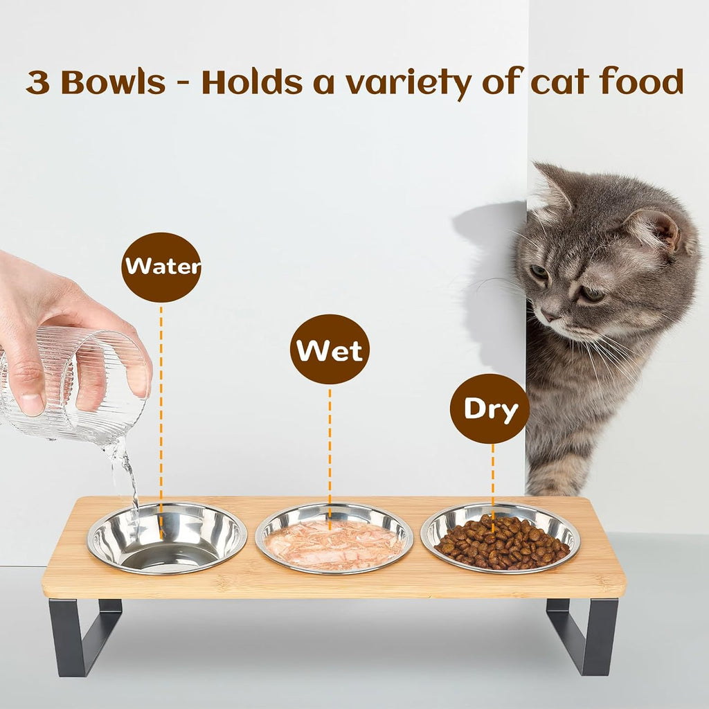 Elevated Cat Bowl, 15° Tilted Cat Bowl Stand with 3 Stainless Steel Bowls for Indoor Cats and Pet, Raised Cats Bowls