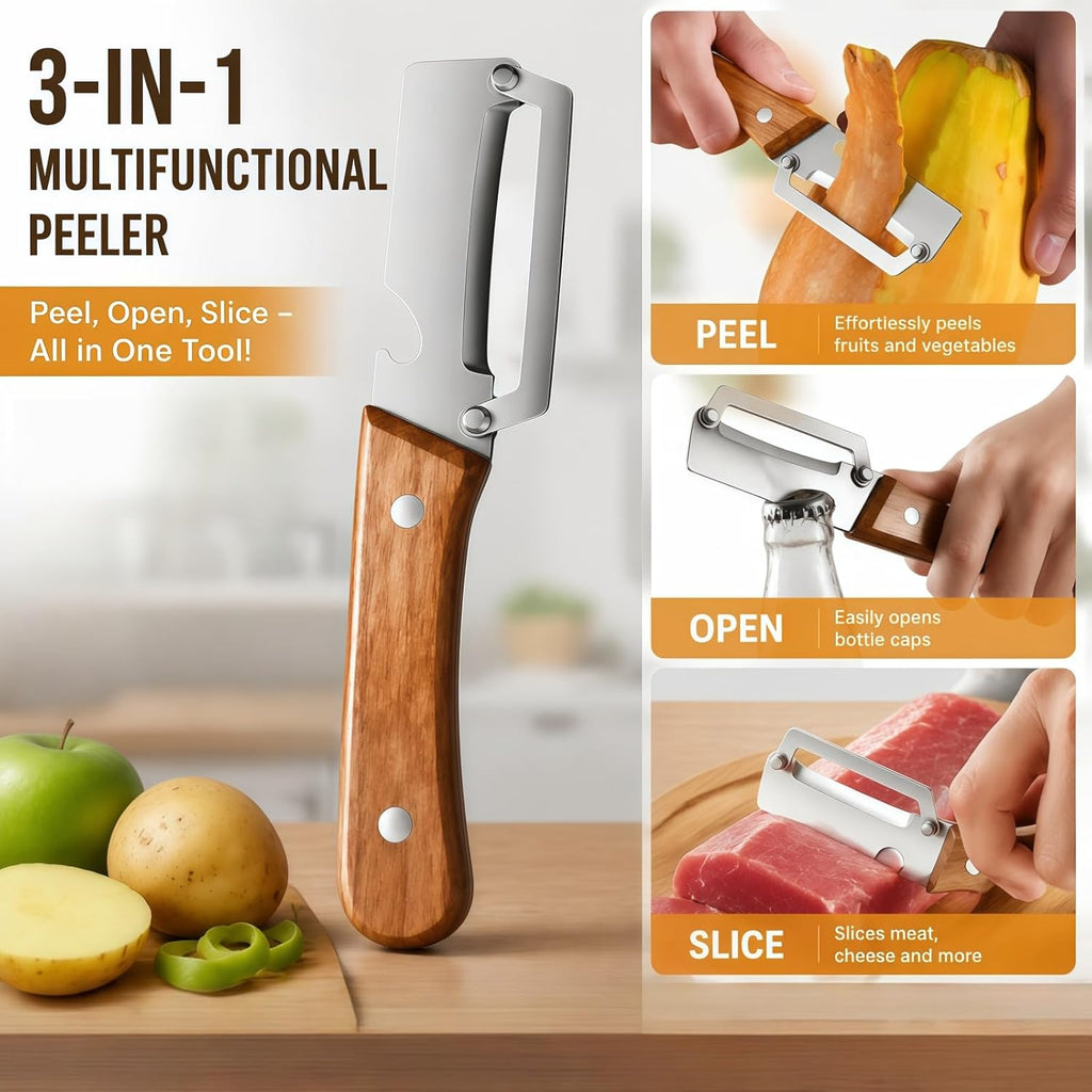 3-in-1 Vegetable Peeler with Scallion Shredder & Bottle Opener – Wide Stainless Steel Blade, Wooden Handle Julienne