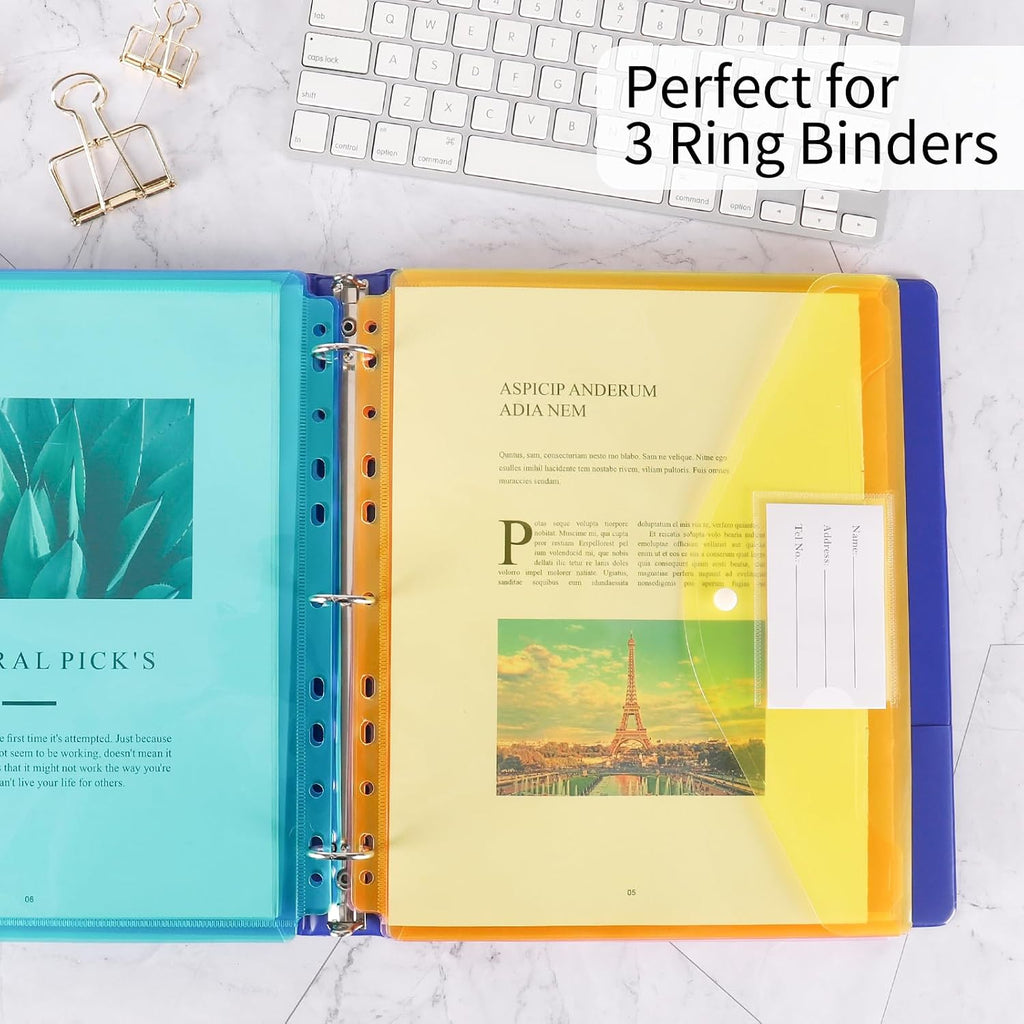 30pcs Binder Sleeves, Binder Pockets for 3 Ring, Binder Folders, 11 Holes, Letter Size, Snap Button Pouch with Label