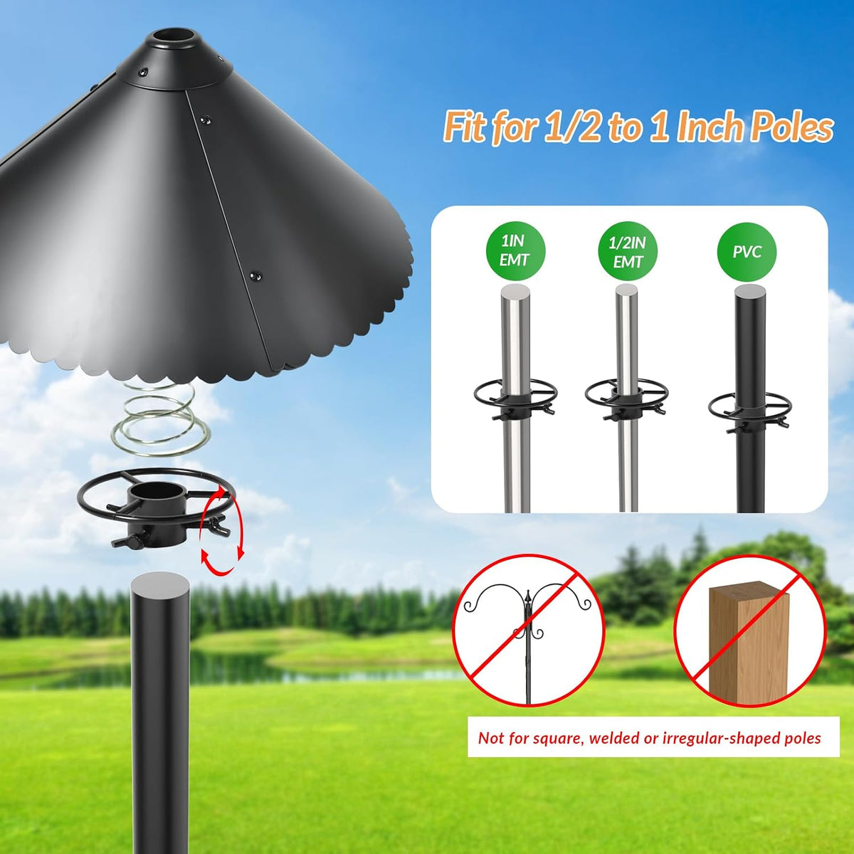 Metal Squirrel Baffle for Bird Feeder Pole, 19-Inch Chew Proof Guard with Spring Motion, Heavy Duty Pole Mount