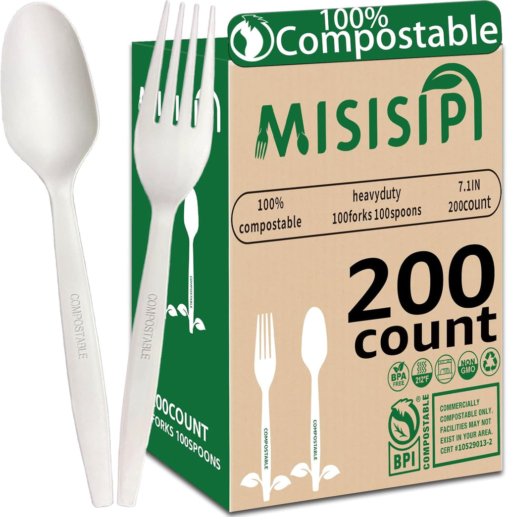 [7In 200Pcs] 100% Compostable Forks and Spoons Utensils Cutlery Silverware Heavyduty Eco-friendly Disposable Plastic