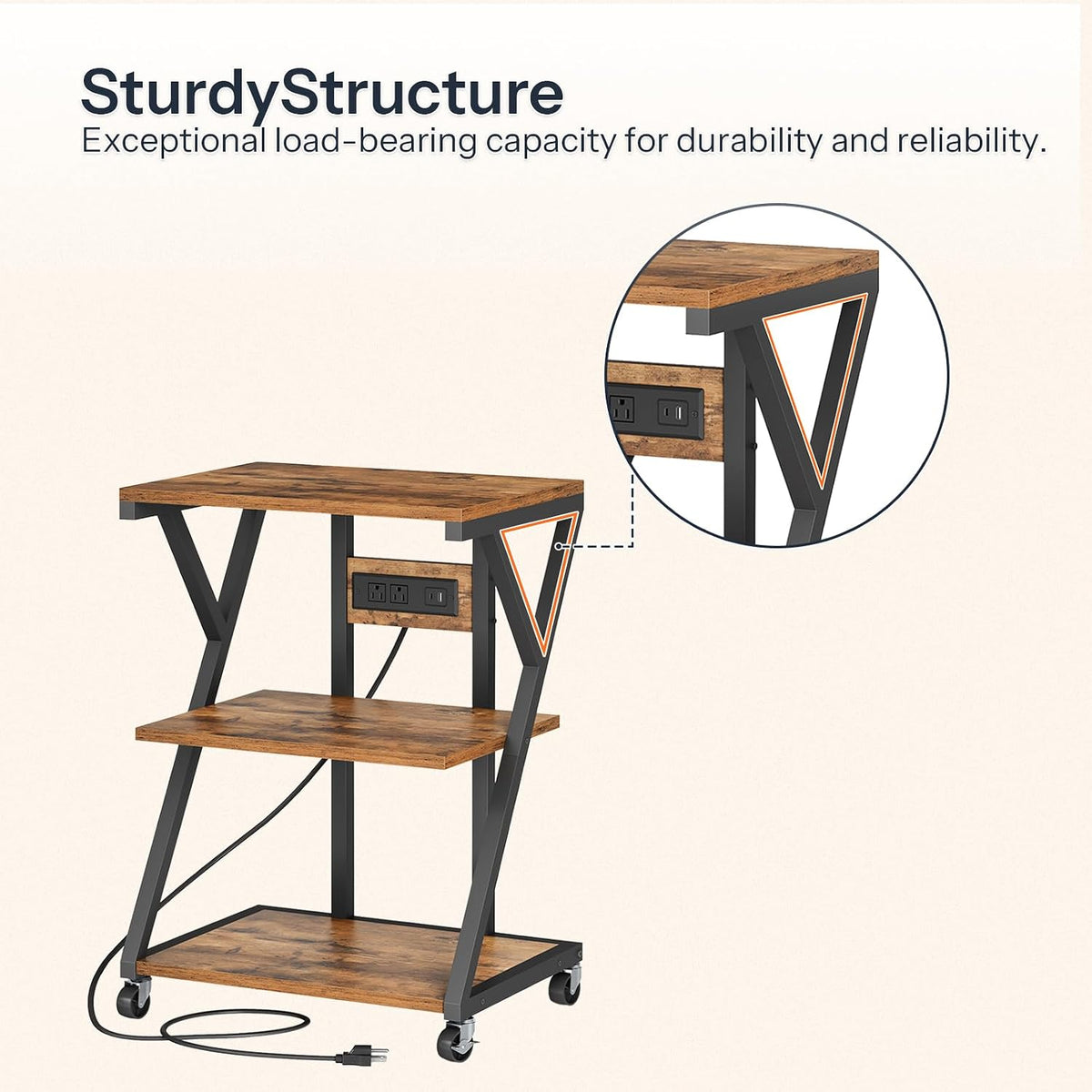 3-Tier Printer Stand, Mobile Printer Table, Rolling Cart with Charging Station, Home Printer Stand