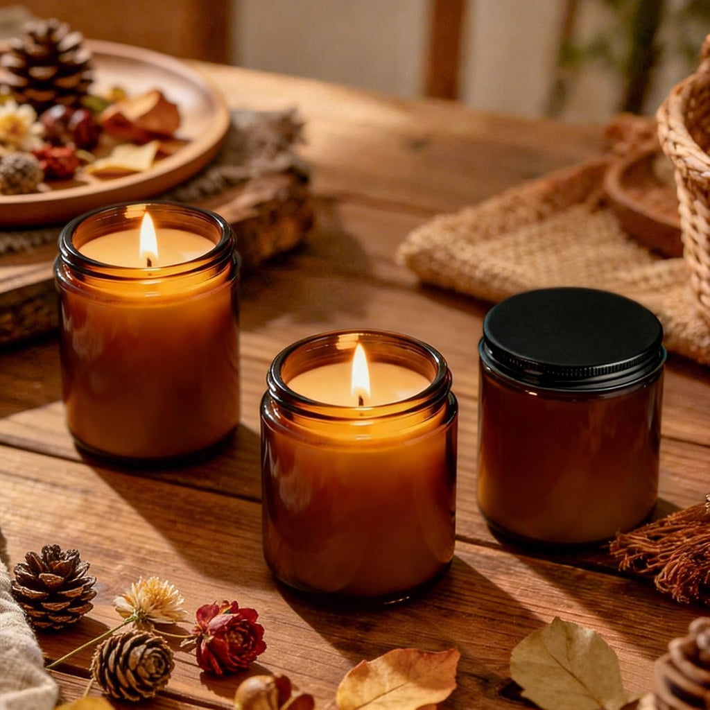 Candle Jars for Making Candles 12pcs, 8oz Amber Glass Containers with Lids, Thick Glass Jars with Matte Black Metal