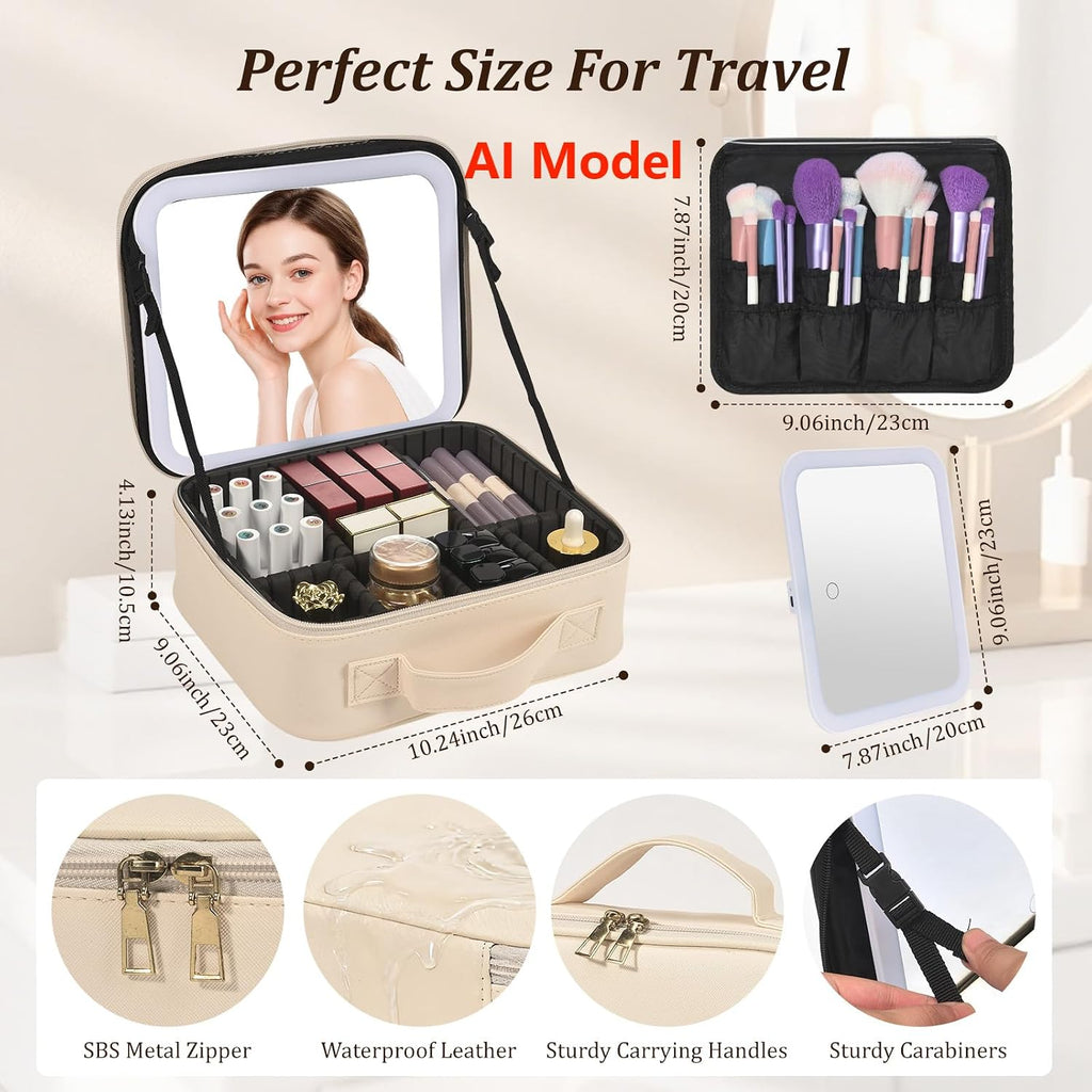 Travel Makeup Bag with Mirror & 8 Adjustable EVA Dividers, Beige | Portable makeup case, detachable mirror with 3