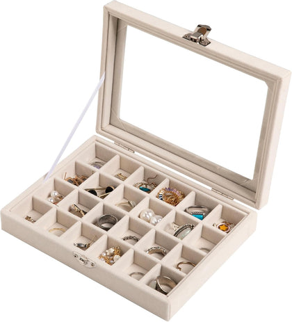 24 Grid Jewelry Tray,Velvet Stud Earring Organizer,Small Jewelry Organizer with Clear Lid,Lockable Earring Holder