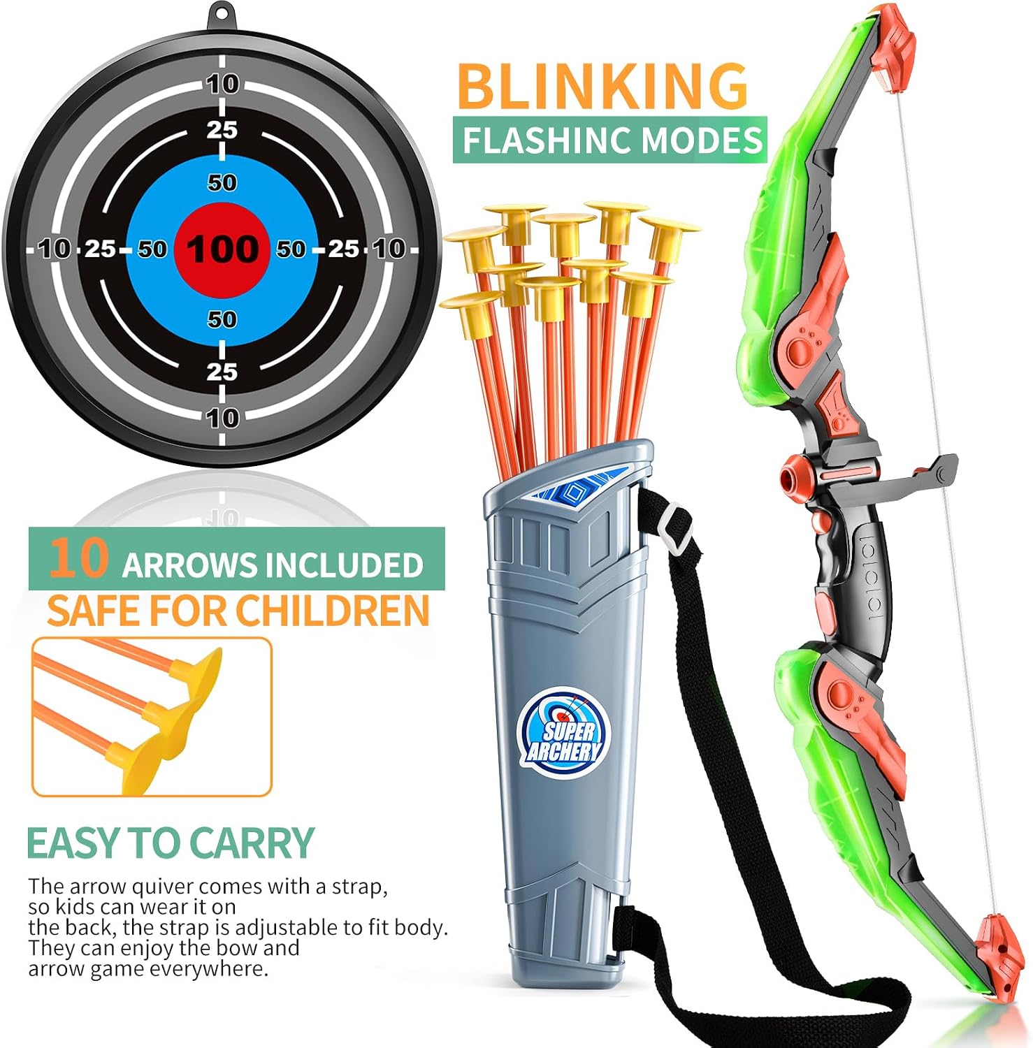 Bow and Arrow Set for Kids - Archery Toy Set - LED Light Up with Suction Cup Arrows, Target & Quiver, Indoor and