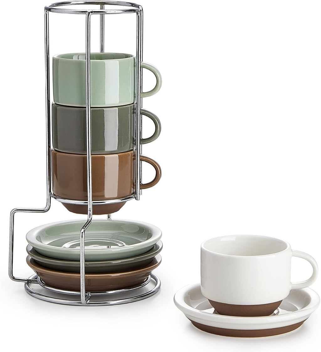 2.5 Ounce Espresso Cups Set of 4, Porcelain Stackable Coffee Cups with Saucers and Metal Stand, Earthy Spectrum