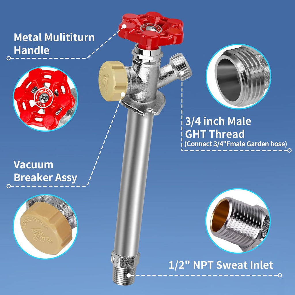 12inch Anti-Siphon Frost Free Sillcock Valve, No Lead Brass Freeze Proof Outdoor Water Faucet, 1/2" NPT X 3/4'' GHT