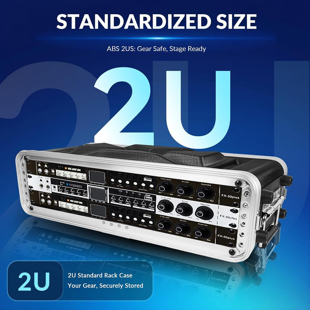 2U ABS Rack Case Shallow 8" Depth, 19" Rackmount Flight Road Travel Case,WaterproofProtective Hard Case with