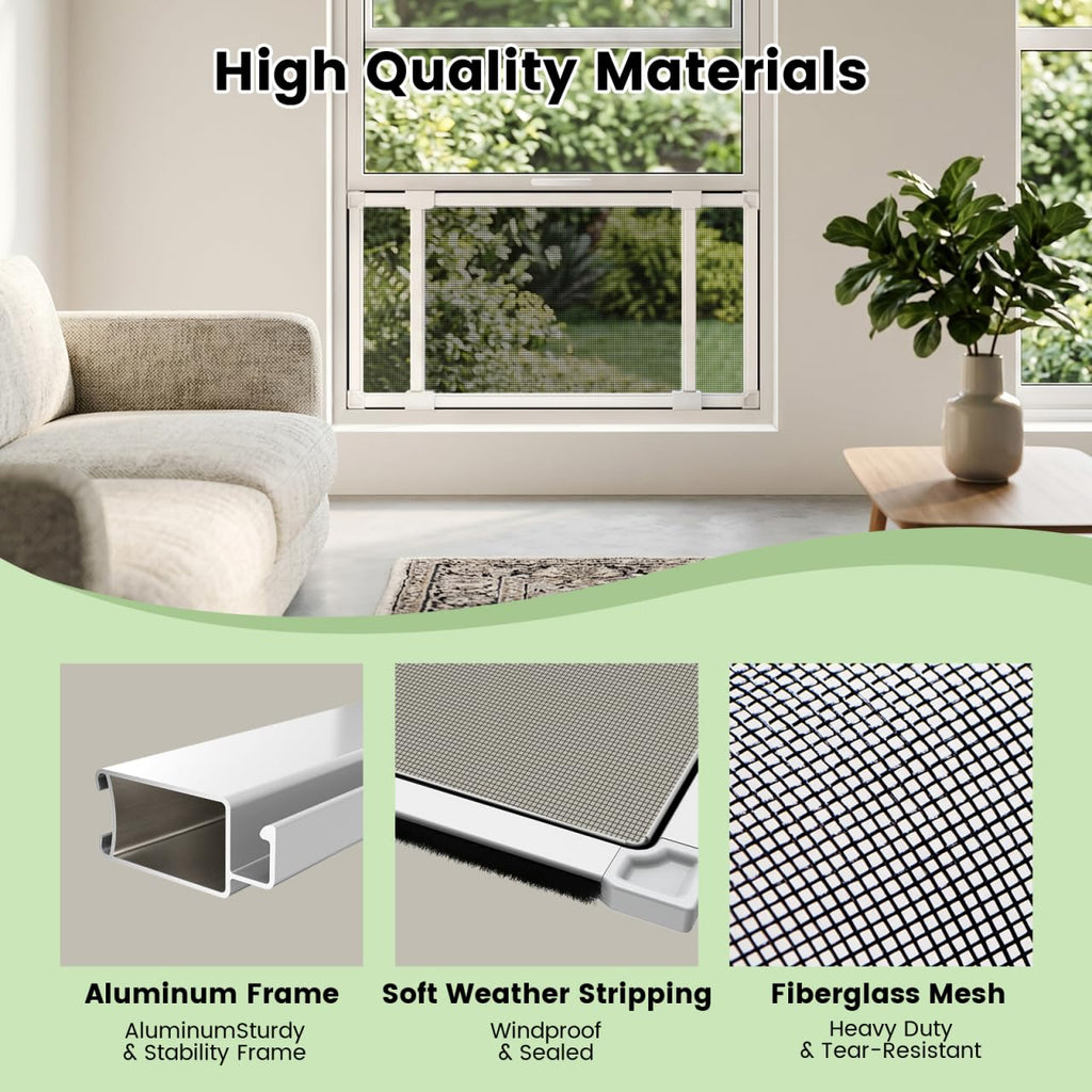 Adjustable Window Screen for Hung Windows, White Expandable Horizontal Sliding Screen, 10" H x 19-36" W with Black