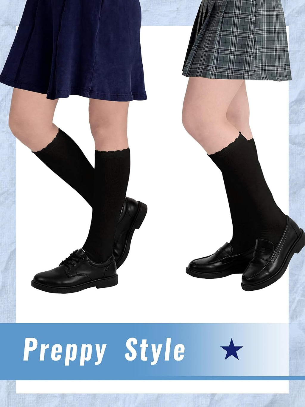 6 Pack Ruffle Knee High Socks School Uniform Dress Scallop Socks Seamless Cotton for Girls Black White Navy Blue