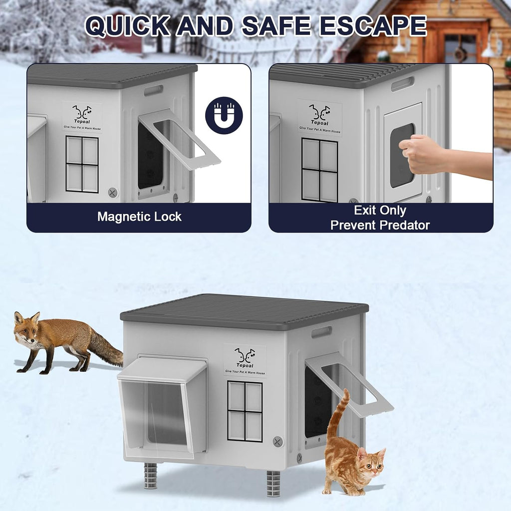 17.7"x17"x17.5" Indestructible Heated Cat House for Outside Winter, Weatherproof Outside Cats Shelter with Safety