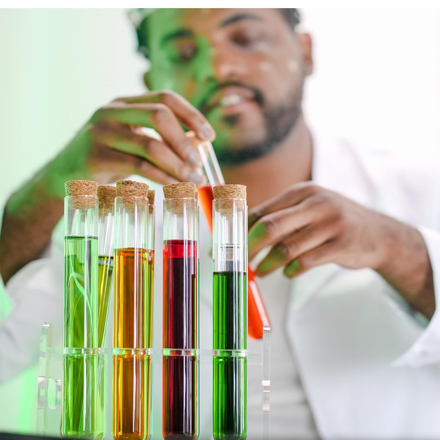 Glass Test Tube Set 24pcs 80ml Glass Test Tubes 25 x 200mm with Cork Stoppers and 1pcs 24 Holes Plastic Tubes Rack