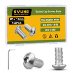 M5 x 12mm 150PCS Button Head Hex Socket Cap Screws Bolts, 304 Stainless Steel 18-8, Allen Hex Drive, Full Thread, Bright Finish, with Hex Spanner