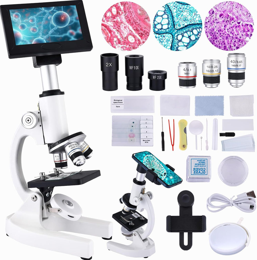 Microscope 40X-2500X Magnification with 4.3-inch Display, Wide-Angle 10X and 25X eyepieces, and Built-in 5-megapixel