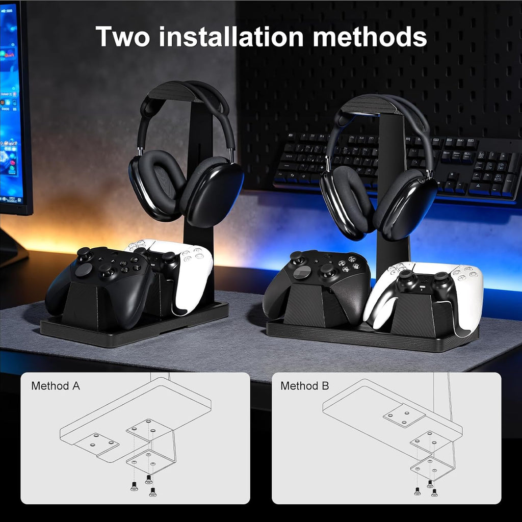 Headphone and Headset Stand with Controller Holders Gamer Gifts | Solid Wood, Holds 2 Controllers, Storage Tray for