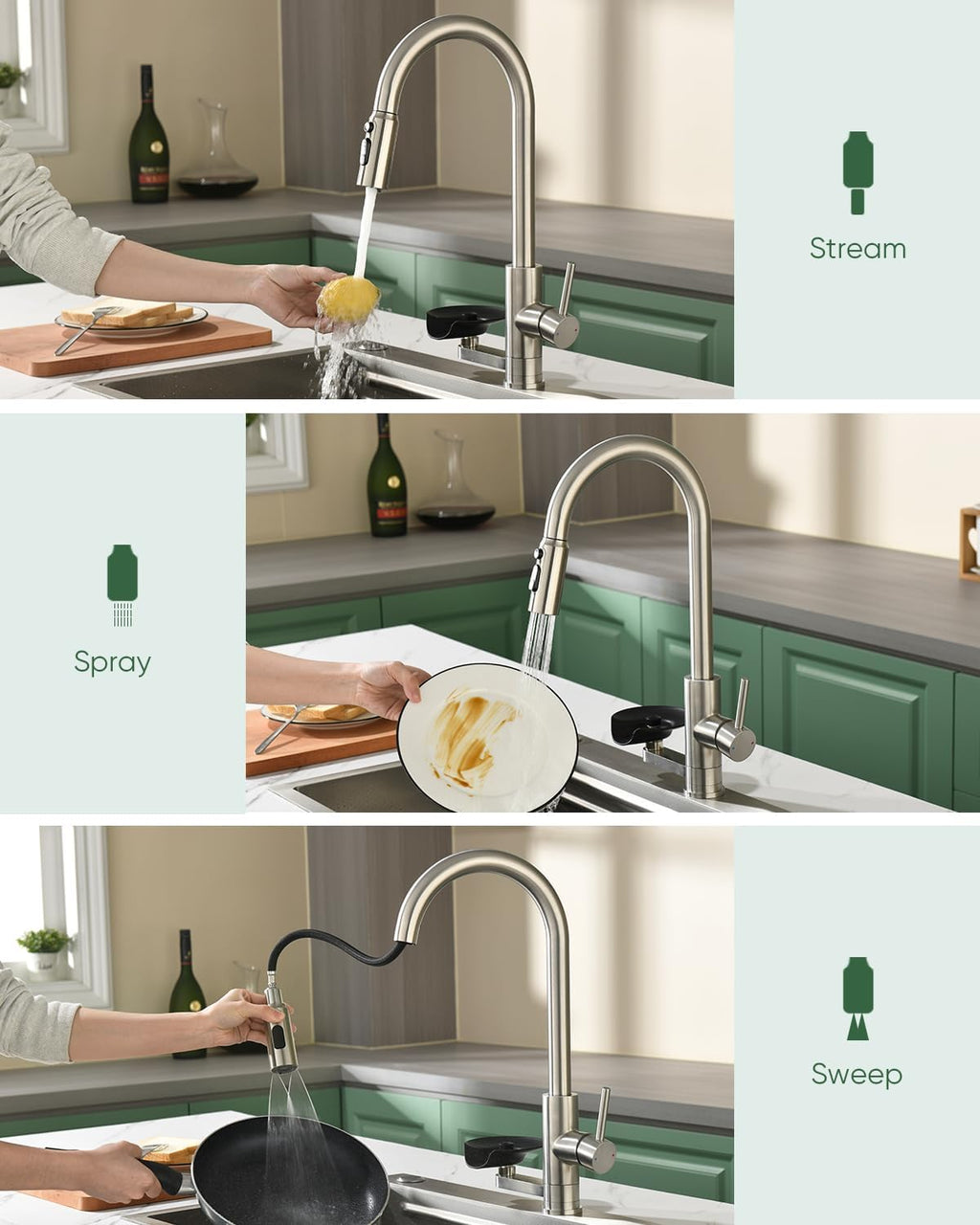 Kitchen Faucet with Cup Washer Pull Down Sprayer Stainless Steel Kitchen Sink Faucet with Deck Plate Glass Rinser