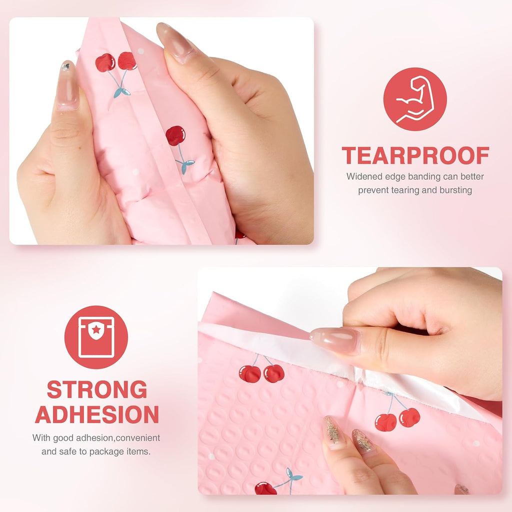 6x10" Bubble Mailers 100 Pack Cherry Pattern Pink Padded Envelopes
