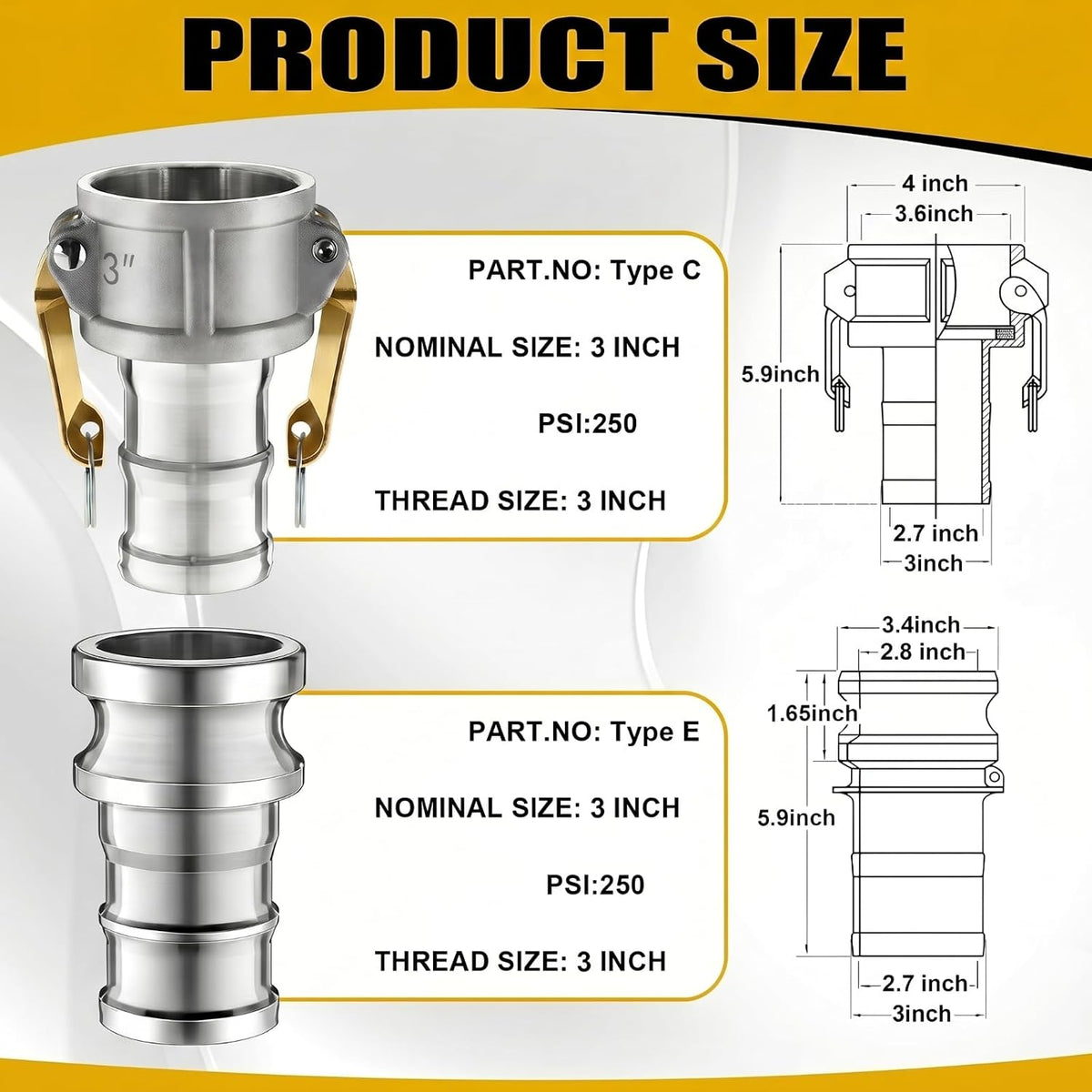 4 Set 3 Inch Camlock Fittings Type C&E
