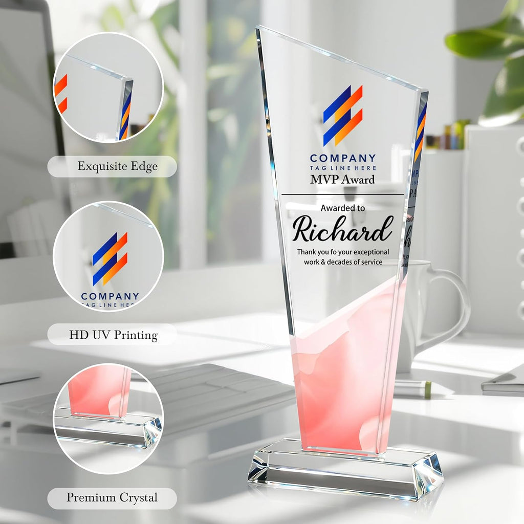 Personalized Crystal Trophy Award - Custom Plaque Award with Text Logo Photo - Employee Recognition Awards and