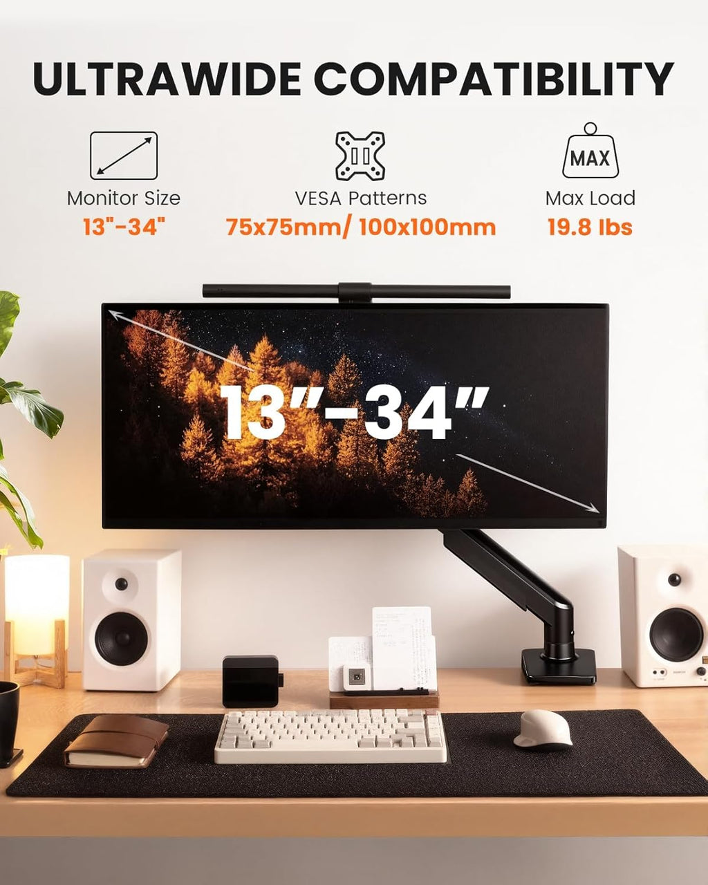 Single Monitor Arm, Fully Adjustable Monitor Mount for 13–34 Inch Screens, Fast Install Computer Monitor Stand with