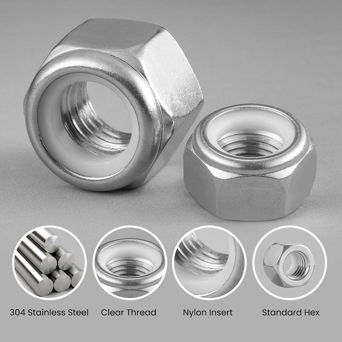 10Pcs 3/8-16 Lock Nuts, Nylon Insert Locknuts 304 Stainless Steel 18-8 SS Self-Locking Nuts, Coarse Thread Hex Nylock Nut
