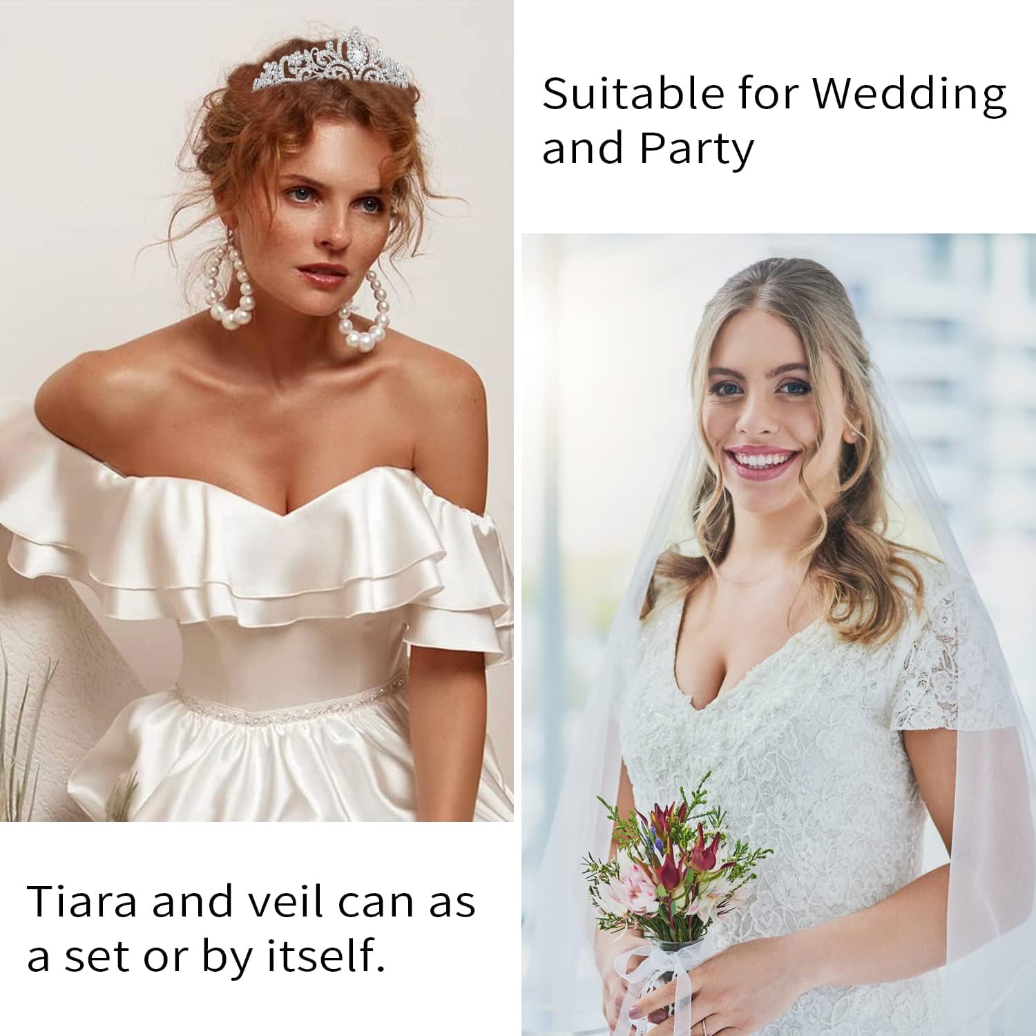 Tiara and Lace Bridal Veil, Crown Wedding Veils and Headpieces for Women, White Veils for Brides Tiaras for Women