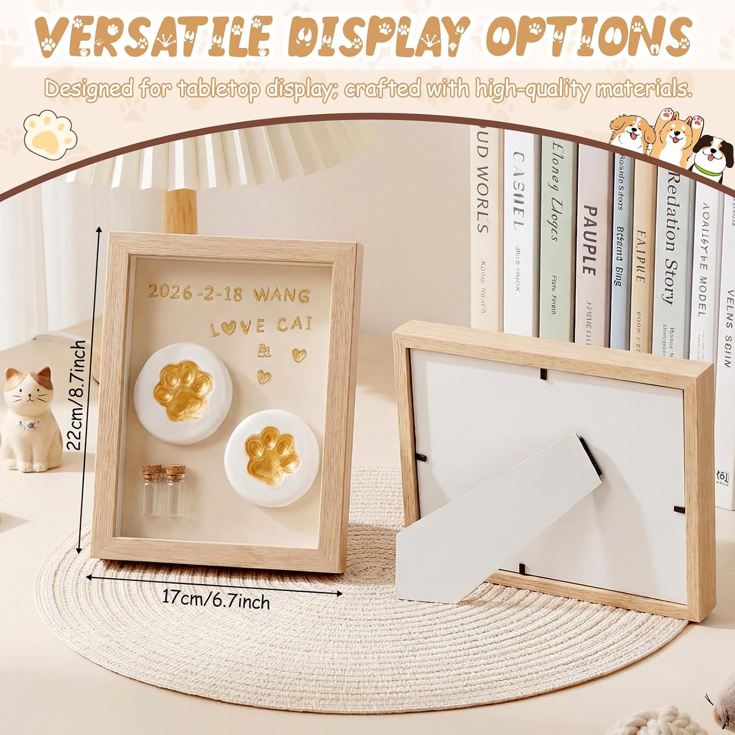Dog Cat Paw Print Frame Kit, 8 Inch Pet Memorial Shadow Box with Clay Impression Kit, Hair & Teeth Keepsake, DIY Paw