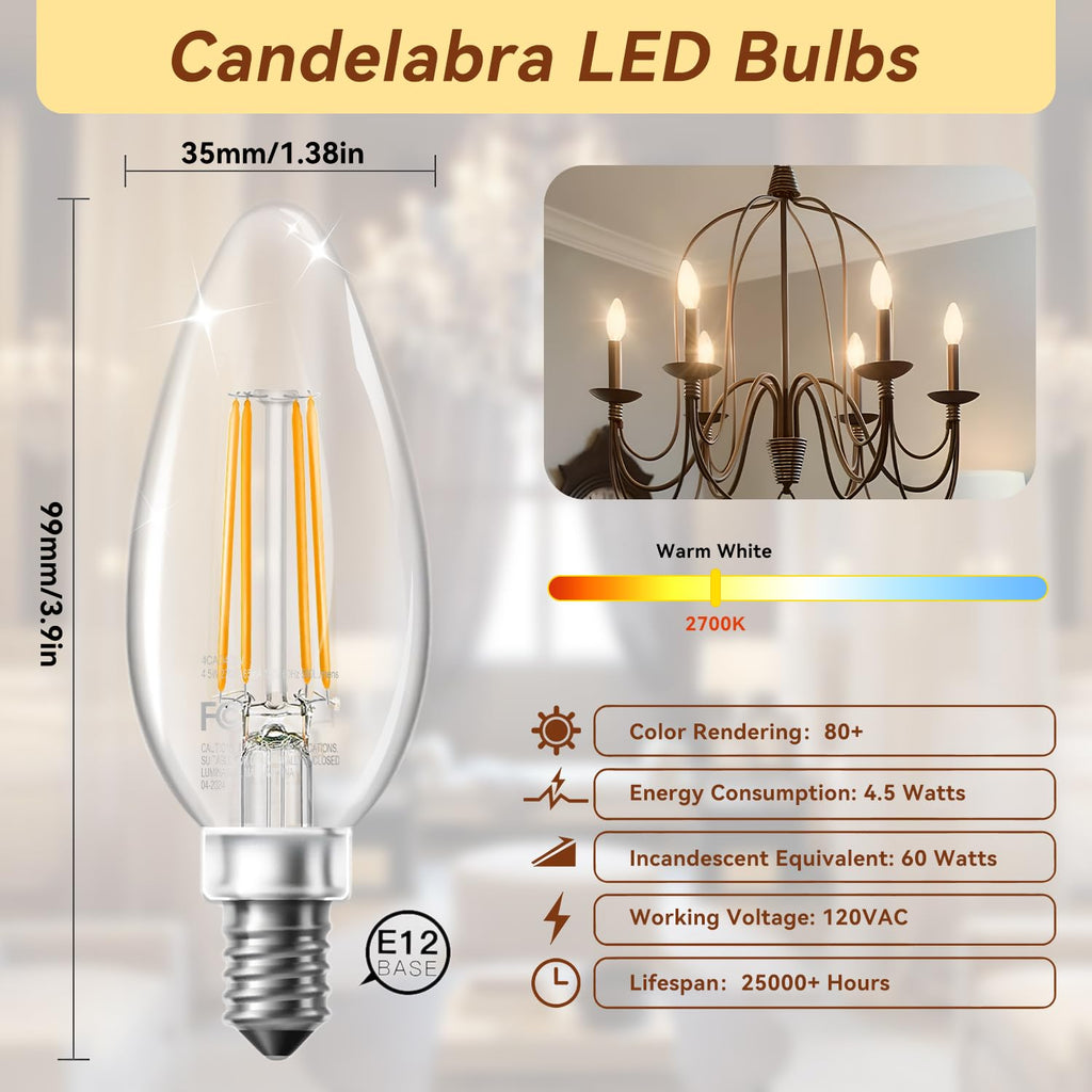 Candelabra LED Bulbs, E12 60W Equivalent Dimmable for Chandelier Light
