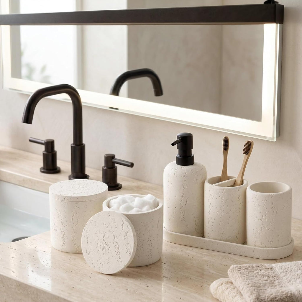 Bathroom Accessories Set,4 PCS Travertine Stone Look Collection,Cream | Modern Bath Organizer with 13.53OZ Soap
