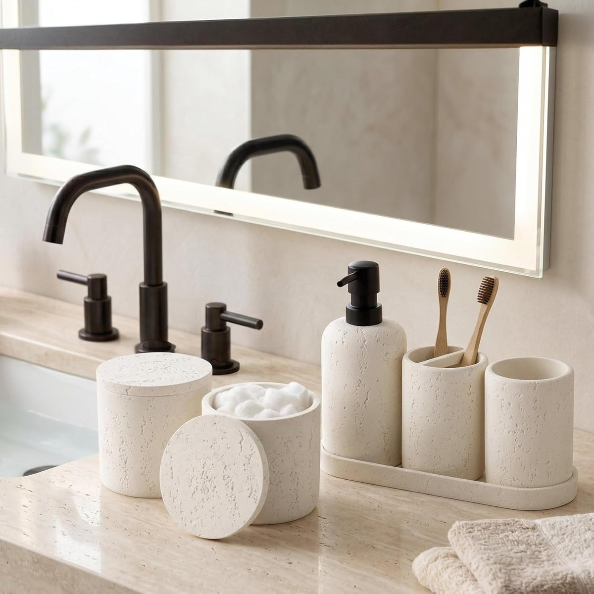 Bathroom Accessories Set,4 PCS Travertine Stone Look Collection,Cream | Modern Bath Organizer with 13.53OZ Soap