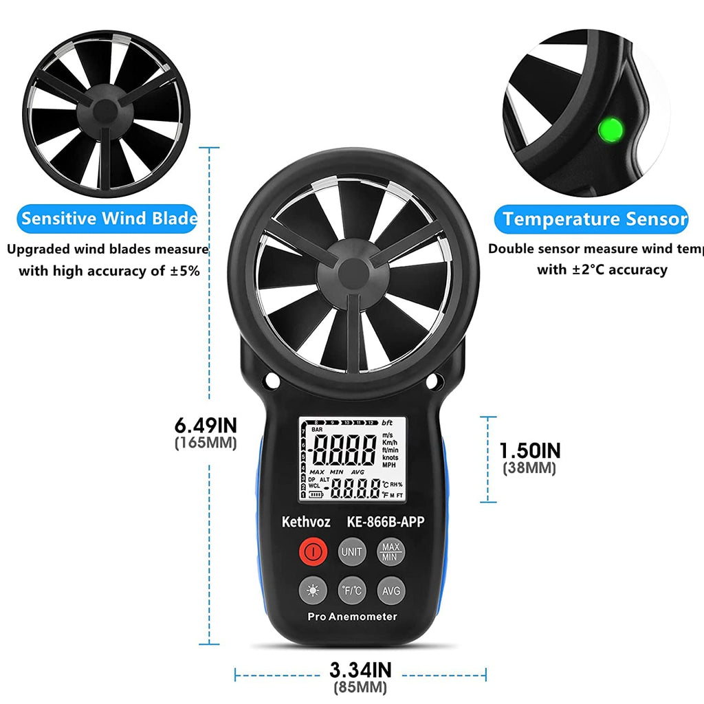 Bluetooth Anemometer Wind Speed Meter w/Data Logger, Kethvoz 866B-APP