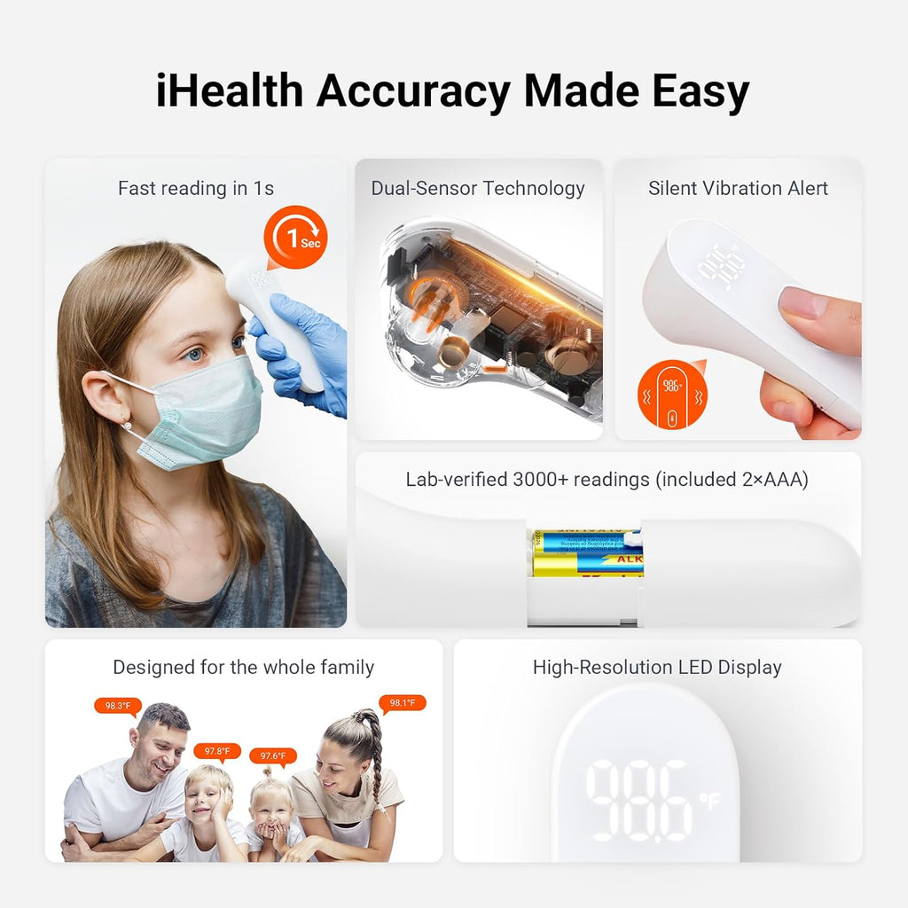 No-Touch Forehead Thermometer for Adults, Kids, Babies - 1s Fast Accurate, 3 Ultra-Sensitive Sensors, Quiet Vibration