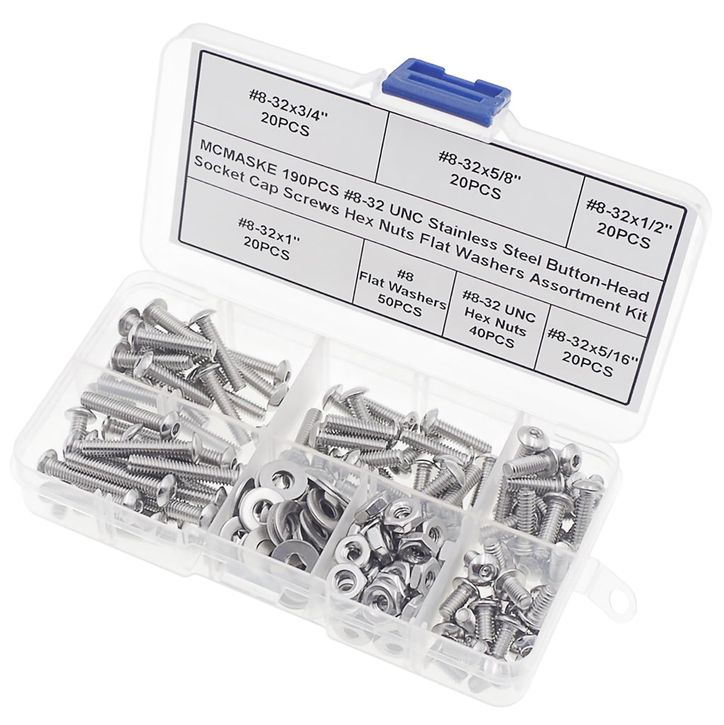 MCMASKE #8-32 UNC Stainless Steel Button-Head Socket Cap Screws Hex Nuts Flat Washers Assortment Kit