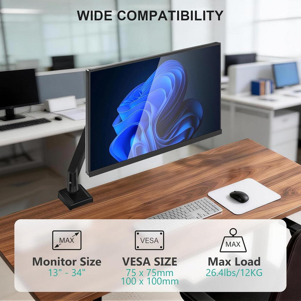 Single Monitor Mount for 13-34 inch Screens, Adjustable Single Monitors Arm, Regular Screen up to 32 inch, 26.4lbs