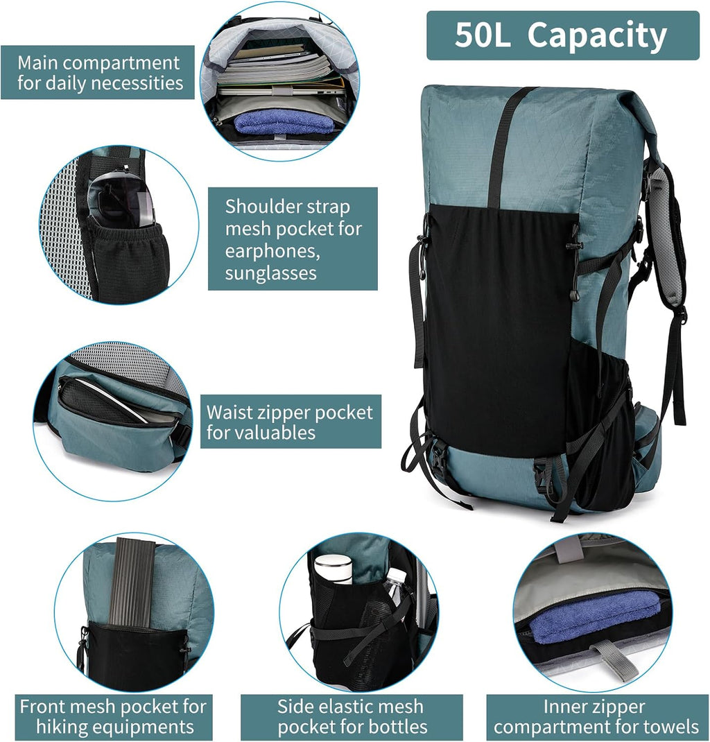 Hiking Backpack,40L to 50L Extra Large Capacity Hiking Bag,Internal Frame Camping Backpack,Upgraded X-PAC Lightweight